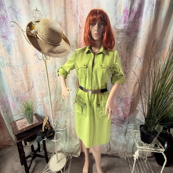 📌Sharagano Lime Green  Sheath Dress with Roll Up Sleeves and Pockets - Picture 1 of 16